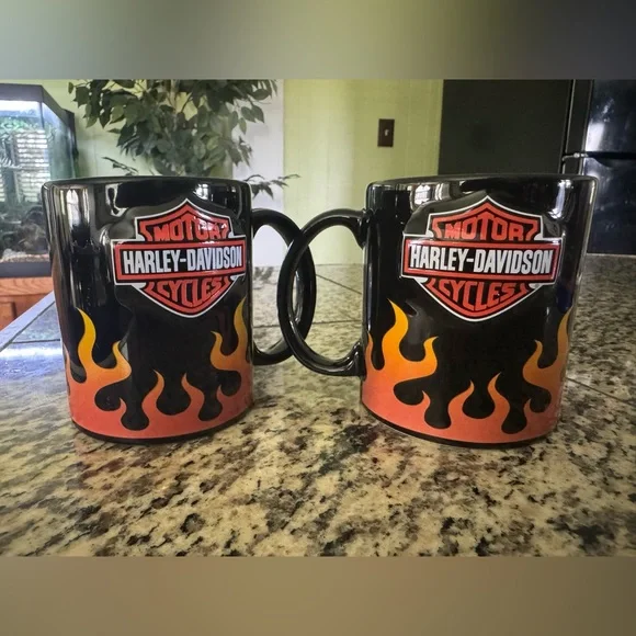 2 Sets of Ceramic Harley-Davidson Embossed Sculpted Flames Coffee Mugs - Picture 2 of 8